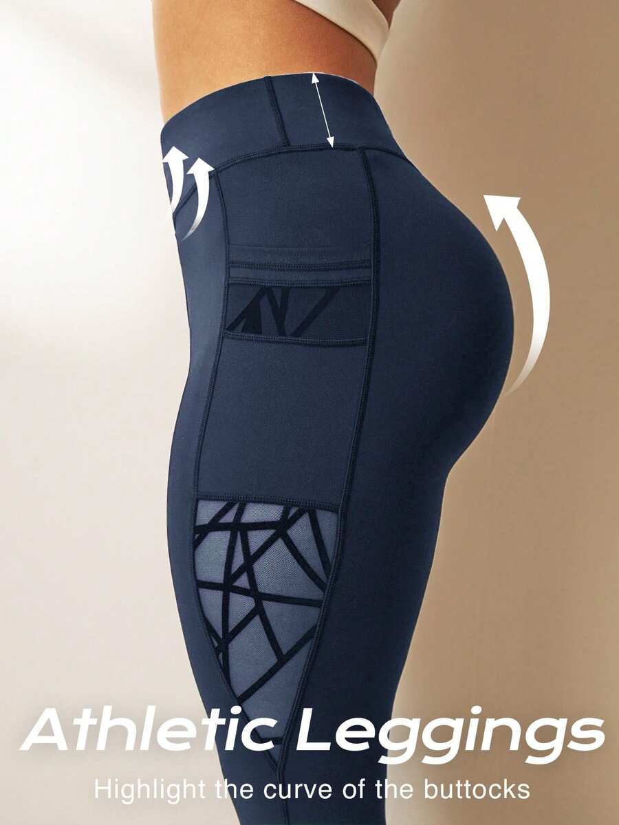 Rhythm Era Plus Size Asymmetrical Functional Leggings, Tight Fit, Butt Lifting, Pockets, Mesh Flocked Fabric, Long Pants Athletic Gym Navy Blue Summer - Navy Blue - View 1