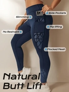 Rhythm Era Plus Size Asymmetrical Functional Leggings, Tight Fit, Butt Lifting, Pockets, Mesh Flocked Fabric, Long Pants Athletic Gym Navy Blue Summer - Navy Blue - View 2