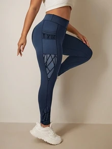 Rhythm Era Plus Size Asymmetrical Functional Leggings, Tight Fit, Butt Lifting, Pockets, Mesh Flocked Fabric, Long Pants Athletic Gym Navy Blue Summer - Navy Blue - View 8