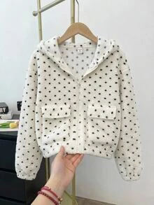 SHEIN 青少年女孩秋冬保暖內裡加厚黑白波點印花立領拉鍊修身寬鬆長袖口袋夾克 雙面抓絨毛絨外套 白色女款夾克 - 黑與白 - 查看 1