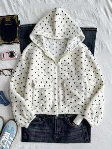 SHEIN 青少年女孩秋冬保暖內裡加厚黑白波點印花立領拉鍊修身寬鬆長袖口袋夾克 雙面抓絨毛絨外套 白色女款夾克 - 黑與白 - 查看 3