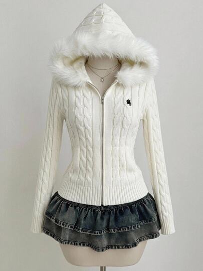 SHEIN Cardigan pour adolescente, mode décontractée automne/hiver, blanc unicolore, coupe slim, à capuche, ouverture devant