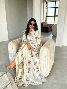 Yasmyna Women Modest Open Front Vintage Floral Print Abaya Set, Wide Sleeve Long Robe With Matching Hijab - White - View 5