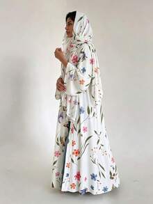 Yasmyna Women Modest Open Front Vintage Floral Print Abaya Set, Wide Sleeve Long Robe With Matching Hijab - White - View 6