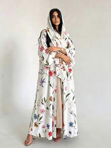 Yasmyna Women Modest Open Front Vintage Floral Print Abaya Set, Wide Sleeve Long Robe With Matching Hijab - White - View 7