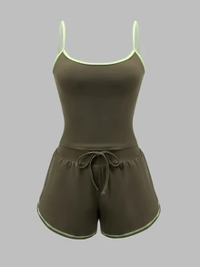 SHEIN Dewbera Women's Casual Athletic Olive Green Colorblock Cami Top And Drawstring Waist Shorts Sports Set Gym Workout Summer - Flint Stone - View 9