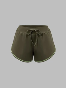 SHEIN Dewbera Women's Casual Athletic Olive Green Colorblock Cami Top And Drawstring Waist Shorts Sports Set Gym Workout Summer - Flint Stone - View 11