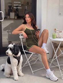 SHEIN Dewbera Women's Casual Athletic Olive Green Colorblock Cami Top And Drawstring Waist Shorts Sports Set Gym Workout Summer - Flint Stone - View 7