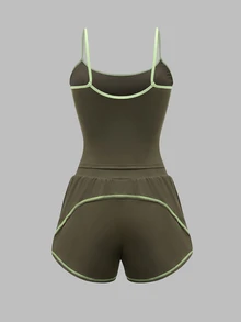 SHEIN Dewbera Women's Casual Athletic Olive Green Colorblock Cami Top And Drawstring Waist Shorts Sports Set Gym Workout Summer - Flint Stone - View 10