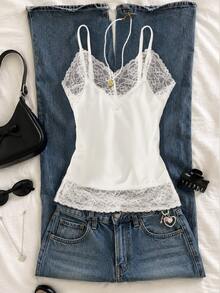 SHEIN 3pcs Teen Girls Vintage Street Style Letter Print Colorblock Spaghetti Strap Sleeveless Cropped Tank Tops, Fall Tops, Autumn - White - View 9