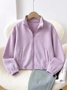 Tween Girl Autumn/Winter Casual Tween Girl Versatile Solid Color Jacket Casual Streetwear Winter Sweatshirt Back-To-School - Pink - View 3