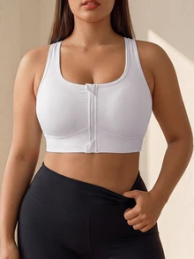 SHEIN Unity Plus Size Women Zipper Front Cropped Sports Bra Gym White Summer - White - View 1