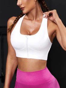 SHEIN Unity Plus Size Women Zipper Front Cropped Sports Bra Gym White Summer - White - View 4