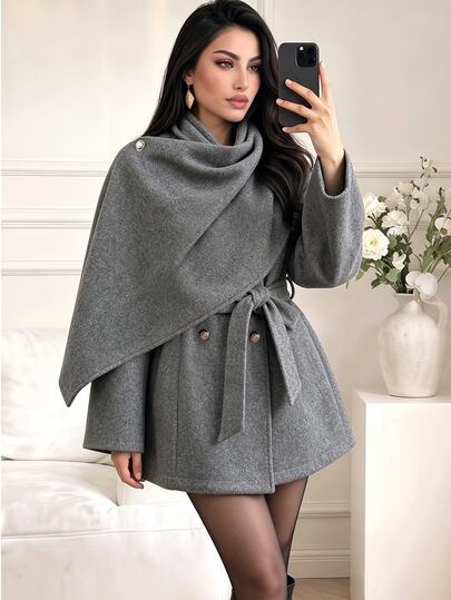 Celisse French Relaxed Design Cape-Style Elegant Sophisticated Vintage Street Commute High-Intellect Office Elite Cinched Cinched Waist-Up Overcoat Versatile Women's Outerwear