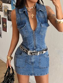 SHEIN PETITE Women's Outdoor Fashion All-Season Petite Blue Denim Utility Dress - Medium Wash - View 3