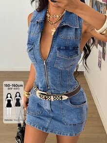 SHEIN PETITE Women's Outdoor Fashion All-Season Petite Blue Denim Utility Dress - Medium Wash - View 1