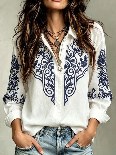 Selamara Plus Size Women's Floral Print Long Sleeve Single-Breasted Casual Shirt