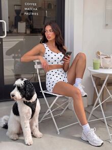 Sovereign Charm Women's White And Black Polka Dot Print Tank Top And Shorts Sports Active Athleisure Set Workout Gym Summer - Black and White - View 4