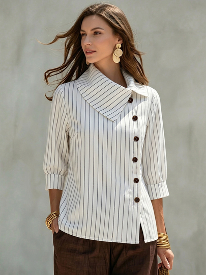 SHEIN Nouvelle chemise à col montant rayée d'automne, chemisier à manches 3/4, convient pour les vacances, les trajets, le bureau formel, le printemps/automne, les vacances, les sorties décontractées