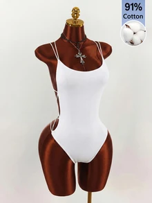 Amplova Double Spaghetti Strap Backless Criss-Cross Fitted Bodysuit - White - View 7