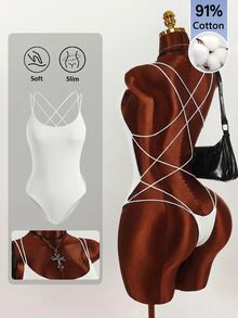 Amplova Double Spaghetti Strap Backless Criss-Cross Fitted Bodysuit - White - View 12