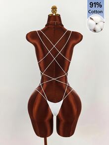 Amplova Double Spaghetti Strap Backless Criss-Cross Fitted Bodysuit - White - View 8