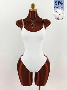 Amplova Double Spaghetti Strap Backless Criss-Cross Fitted Bodysuit - White - View 3