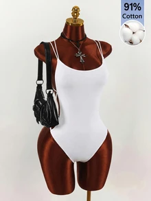 Amplova Double Spaghetti Strap Backless Criss-Cross Fitted Bodysuit - White - View 5