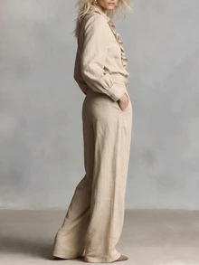 SHEIN 女士秋冬杏色兩件套，立領設計，搭配重工荷葉邊百褶皺褶鈕扣領 A - 杏色 - 查看 2