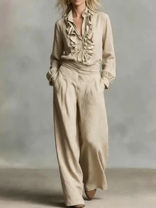 SHEIN 女士秋冬杏色兩件套，立領設計，搭配重工荷葉邊百褶皺褶鈕扣領 A - 杏色 - 查看 3