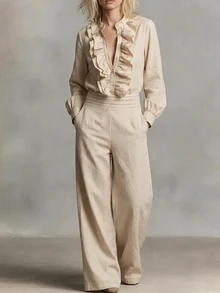 SHEIN 女士秋冬杏色兩件套，立領設計，搭配重工荷葉邊百褶皺褶鈕扣領 A - 杏色 - 查看 5