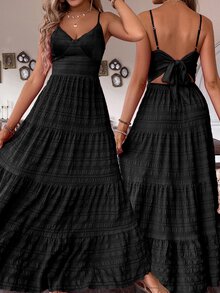 Breezaya Vintage Country Style Wedding Guest Cute Bowknot Layered Patchwork Dress For Women - Black - View 2