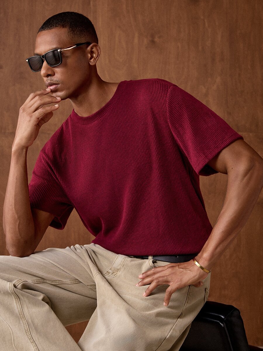 Vientiro Men's Summer Casual Solid Color Short Sleeve T-Shirt - Red - View 1
