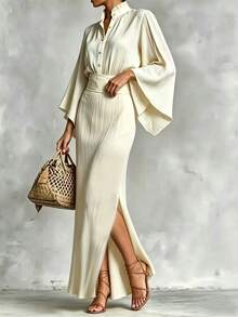Trelyra Women's Minimalist Elegant Solid Color Top & Skirt 2-Piece Set - Apricot - View 6