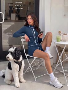 SHEIN Dewbera Women's Slim Fit Jacket Shorts Sports Modest Athletic Set Gym Dark Blue Autumn - Navy Blue - View 7