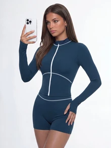 SHEIN Dewbera Women's Slim Fit Jacket Shorts Sports Modest Athletic Set Gym Dark Blue Autumn - Navy Blue - View 1