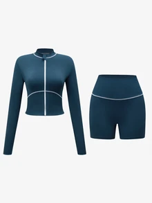 SHEIN Dewbera Women's Slim Fit Jacket Shorts Sports Modest Athletic Set Gym Dark Blue Autumn - Navy Blue - View 9