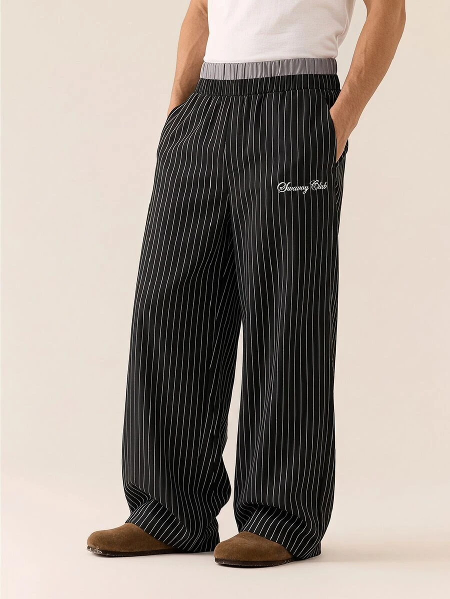 SWAVVY Men's Woven Fashion Casual Loose Striped Patchwork Waist Straight Leg Pants - Black - View 1