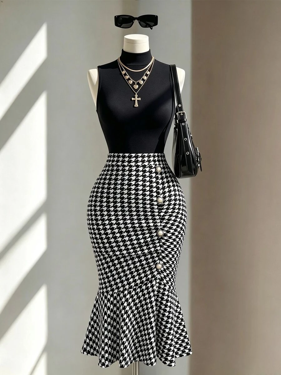 Fine & Folde Women's Houndstooth Casual Versatile Daily Skirt - Black and White - View 1