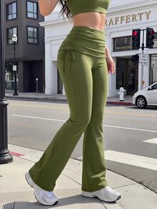 Gameset SHEIN Sport Women's Sports Casual Fashion Long Pants With Side Waist Pleats And Drawstring, Flare Leg Leggings - Olive Green - View 6