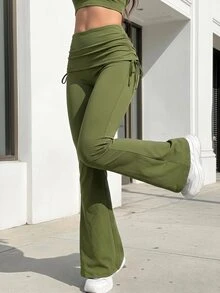 Gameset SHEIN Sport Women's Sports Casual Fashion Long Pants With Side Waist Pleats And Drawstring, Flare Leg Leggings - Olive Green - View 8