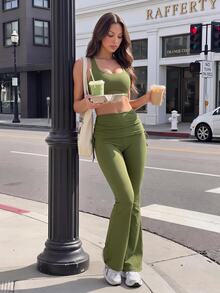 Gameset SHEIN Sport Women's Sports Casual Fashion Long Pants With Side Waist Pleats And Drawstring, Flare Leg Leggings - Olive Green - View 4