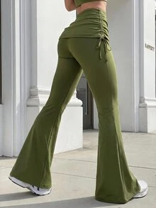 Gameset SHEIN Sport Women's Sports Casual Fashion Long Pants With Side Waist Pleats And Drawstring, Flare Leg Leggings - Olive Green - View 2