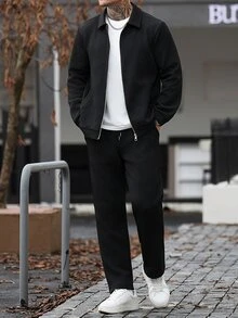 Manfinity CasualCool Men's Solid Colour Zip Jacket And Drawstring Pants Set, Black Autumn Casual Smart Holiday Commuting Outfit, Dark Collegiate Style Sports Casual Set - Black - View 7