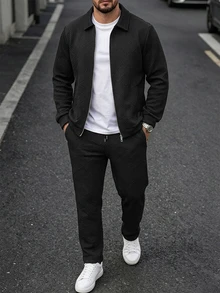 Manfinity CasualCool Men's Solid Colour Zip Jacket And Drawstring Pants Set, Black Autumn Casual Smart Holiday Commuting Outfit, Dark Collegiate Style Sports Casual Set - Black - View 8