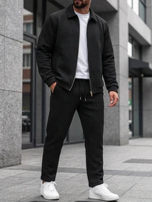 Manfinity CasualCool Men's Solid Colour Zip Jacket And Drawstring Pants Set, Black Autumn Casual Smart Holiday Commuting Outfit, Dark Collegiate Style Sports Casual Set - Black - View 5
