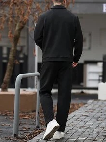 Manfinity CasualCool Men's Solid Colour Zip Jacket And Drawstring Pants Set, Black Autumn Casual Smart Holiday Commuting Outfit, Dark Collegiate Style Sports Casual Set - Black - View 2