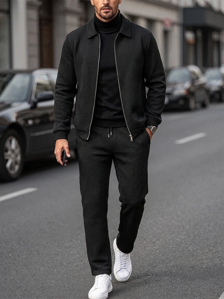Manfinity CasualCool Men's Solid Colour Zip Jacket And Drawstring Pants Set, Black Autumn Casual Smart Holiday Commuting Outfit, Dark Collegiate Style Sports Casual Set - Black - View 1