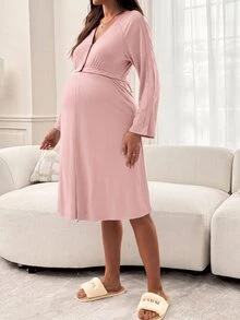 Slowluna Maternity Versatile Nursing Function Long Sleeve Maternity Dress - Pink - View 9