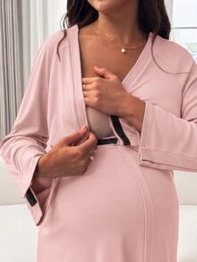 Slowluna Maternity Versatile Nursing Function Long Sleeve Maternity Dress - Pink - View 7